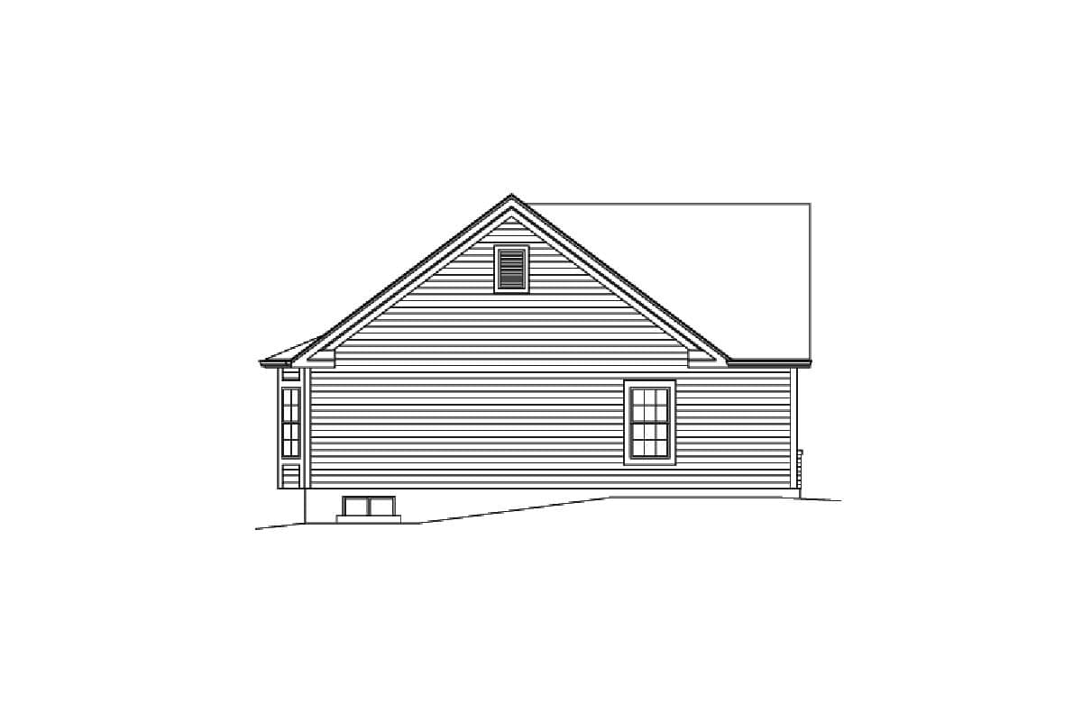 House plan exterior side elevation showing horizontal siding, a gable roof with dormer, and multi-pane windows.