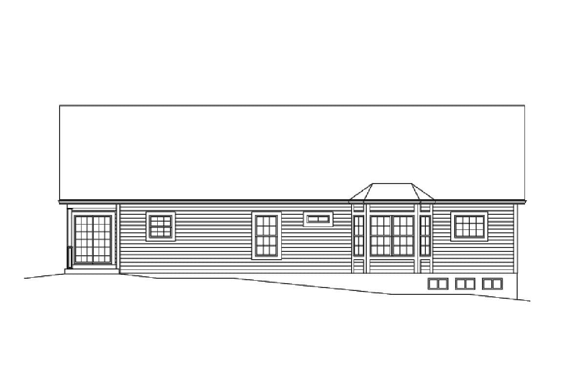 Front elevation drawing of a one-story house plan with horizontal siding, a large bay window section, and multiple pane windows.