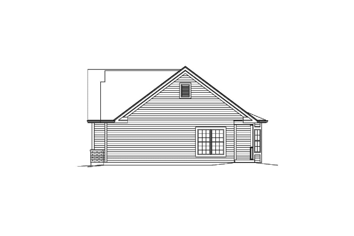 House plan exterior: single-story, side view, gable roof, lap siding, prominent window, and small covered entry.