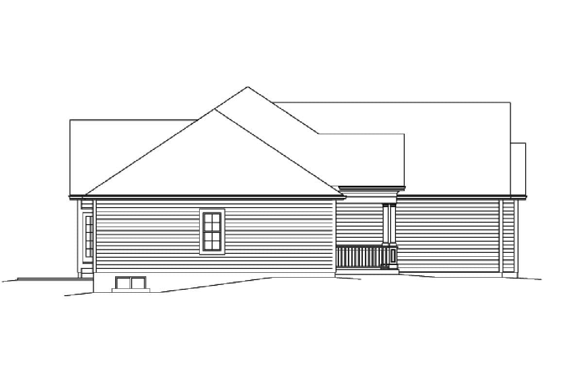 House plan exterior: One-story house with a hip roof, visible gable, porch with railing, and double-hung windows.