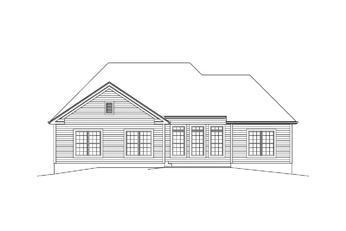 House plan exterior drawing of a single-story home with a gable, multiple windows, and a sloped roofline.