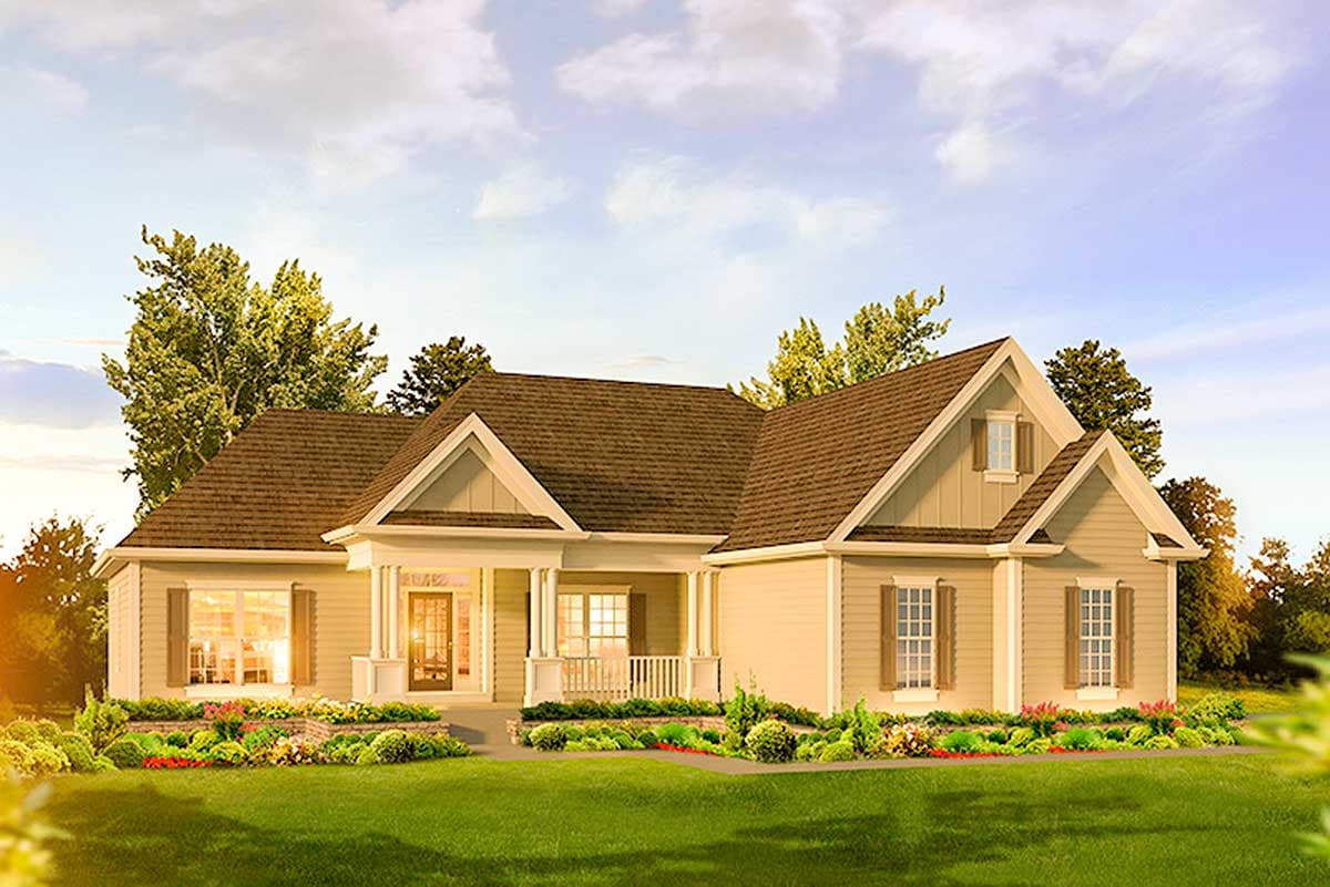 House plan exterior: Single-story Modern Farmhouse with a covered front porch, gables, and dormer.