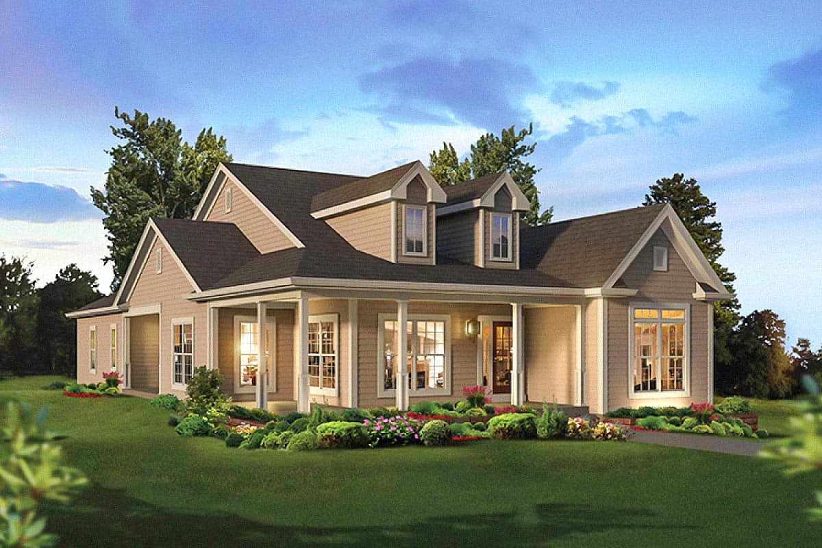 House plan exterior: Traditional style, one story, with wraparound porch, multiple gables, and dormer windows.
