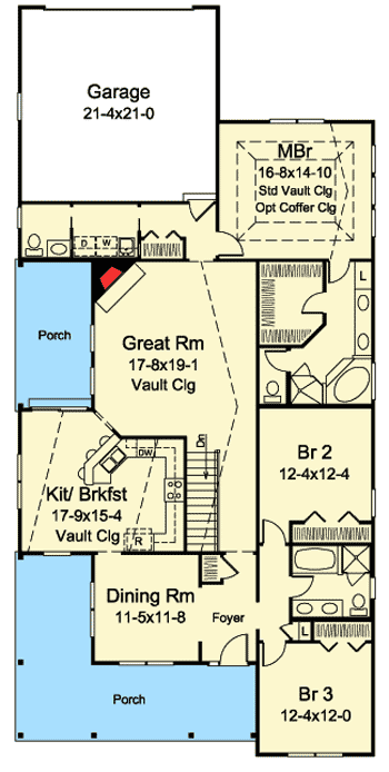 Plan 57324HA: One-Story House Plan with Stylish Twin Dormers - 2035 Sq Ft - Floor Plan - Main Level - Country, Traditional