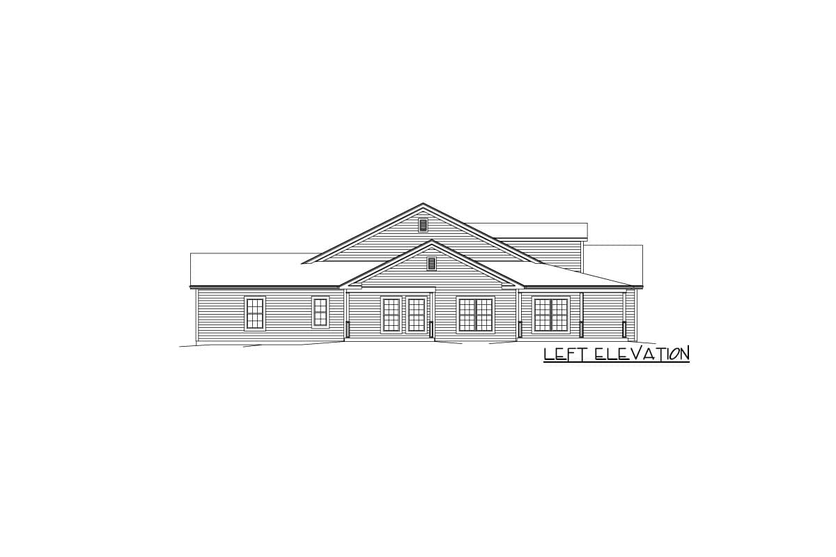Left elevation drawing of a house plan with a gable roof, double doors, and windows.