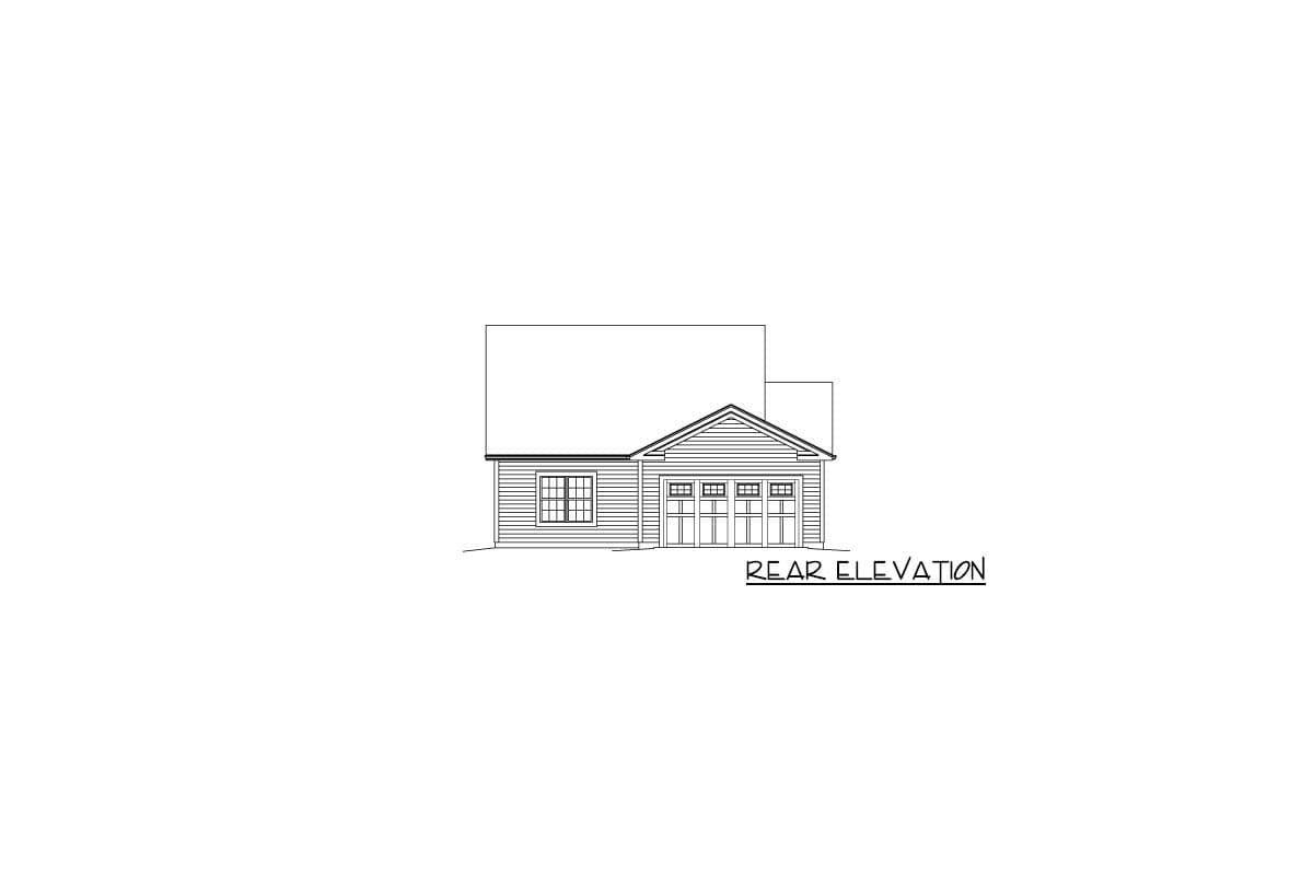 Rear elevation drawing of a house plan, featuring horizontal siding, a gabled roof, one window, and a three-car garage.
