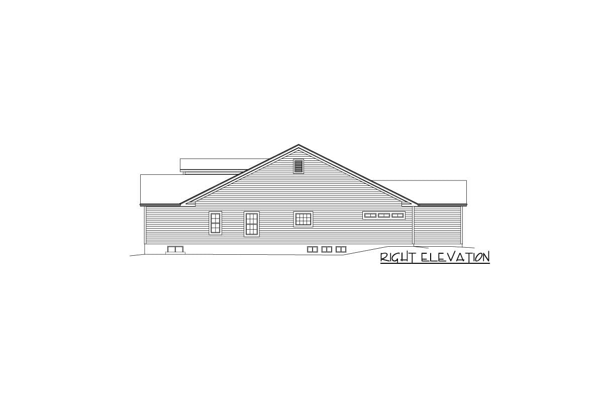 Floor plan right elevation drawing showing a pitched roof, multiple windows, and horizontal siding.