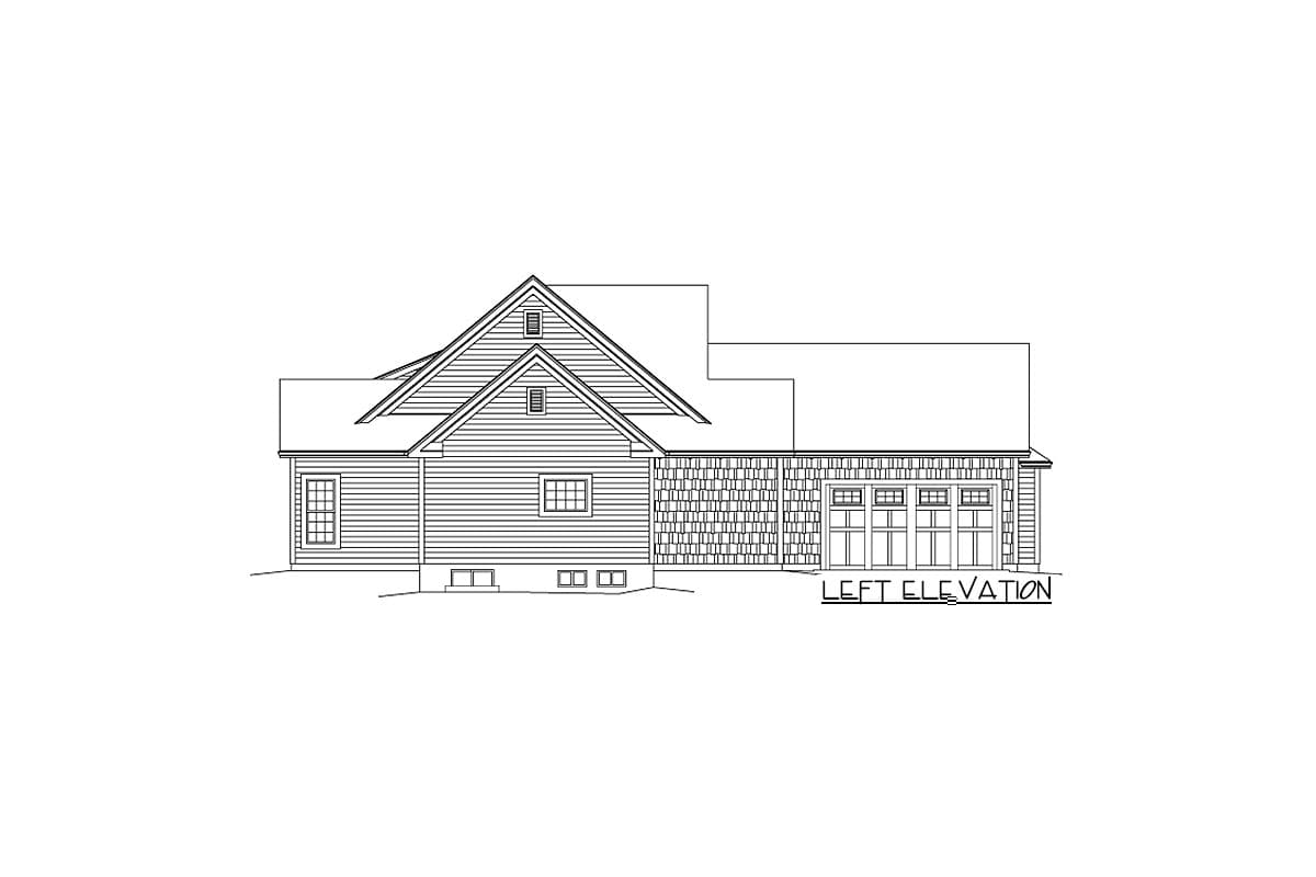 Left elevation drawing of a house plan featuring gables, dormers, siding, and a three-car garage.