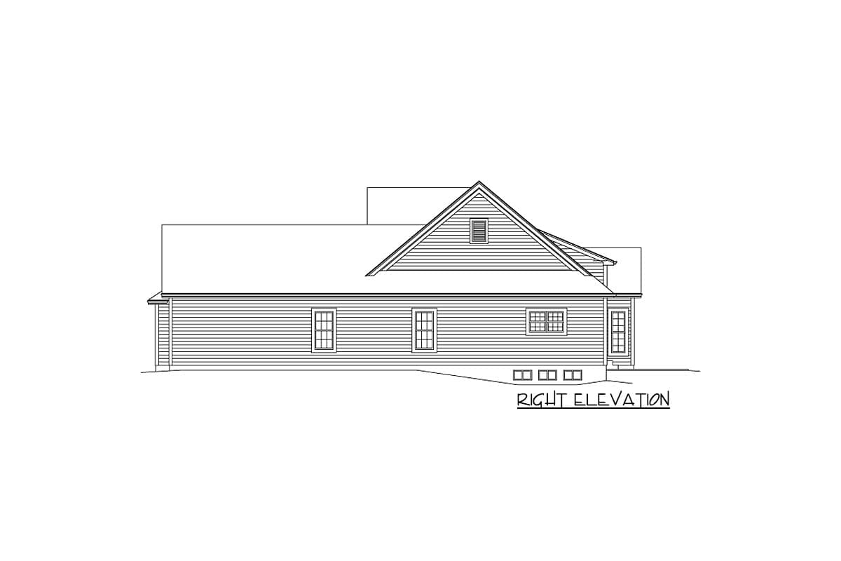 Right elevation house plan drawing shows horizontal siding, multiple windows, and a gable with a vent.