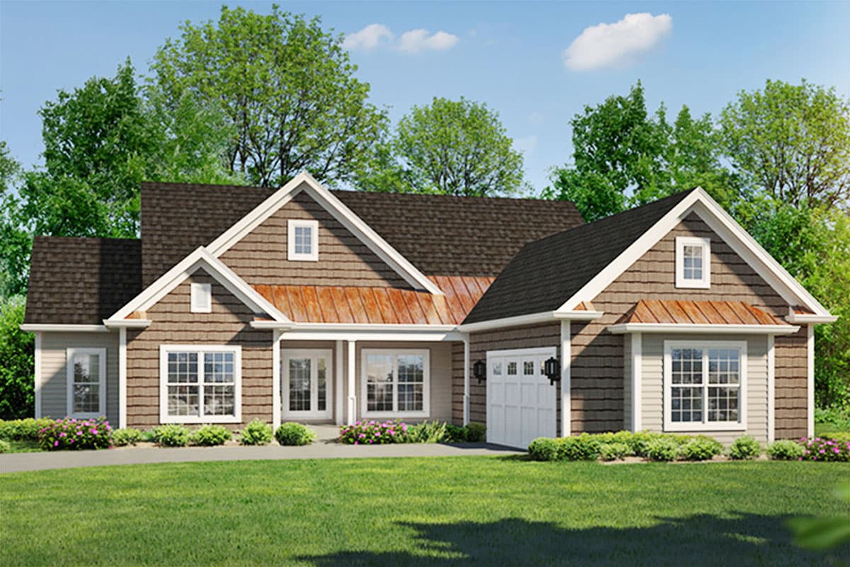 House plan exterior: Craftsman style, one-story, with a covered porch, gables, dormers, and a side-entry garage.