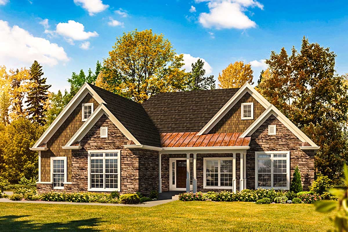 House plan exterior with stone and shake siding, prominent gables, dormer windows, and covered front porch.