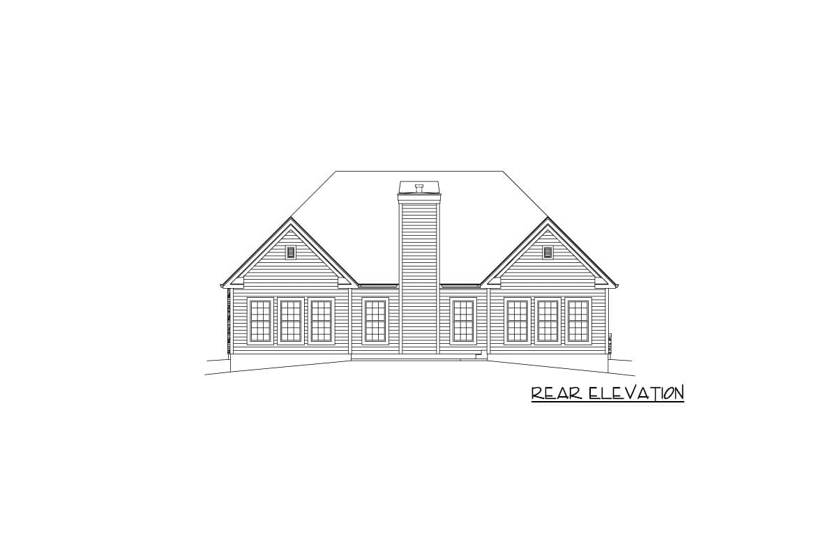 Rear elevation drawing of a house plan, featuring a central chimney, gabled rooflines, and multiple windows.
