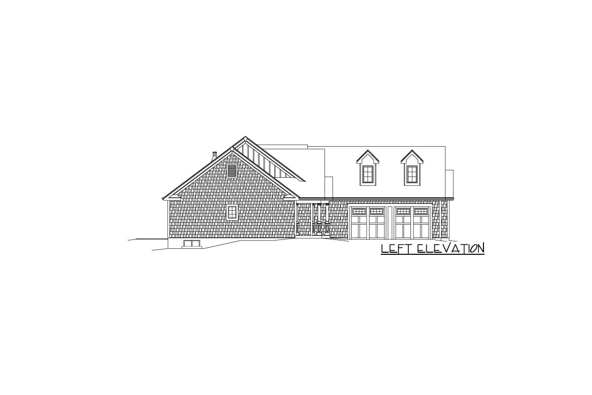 Left elevation house plan with shingle siding, a prominent gable, covered porch, and three-car garage.