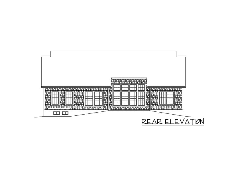 Rear elevation drawing of a house plan featuring multiple windows and clapboard siding.