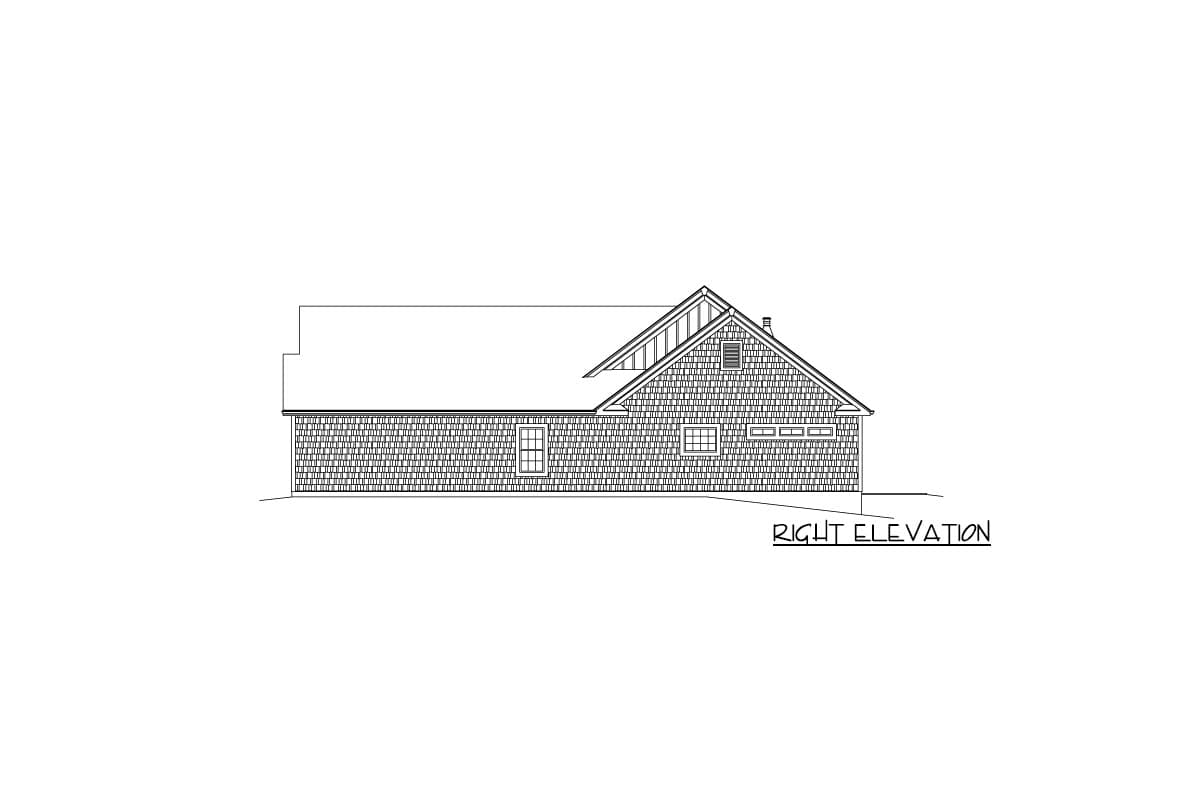 Right elevation drawing of a house plan with shingle siding, gabled roof, and a dormer with louvers.