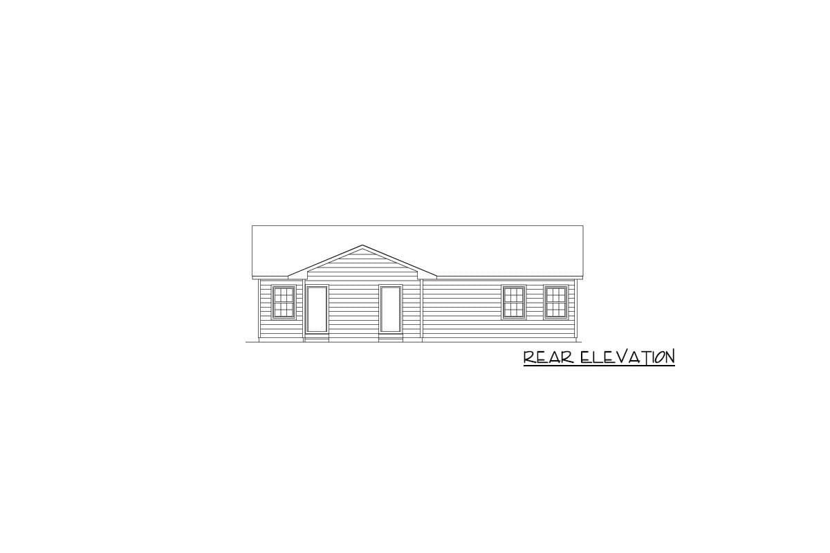 Rear elevation drawing of a single-story house plan featuring two doors, three windows, and a gable roof.