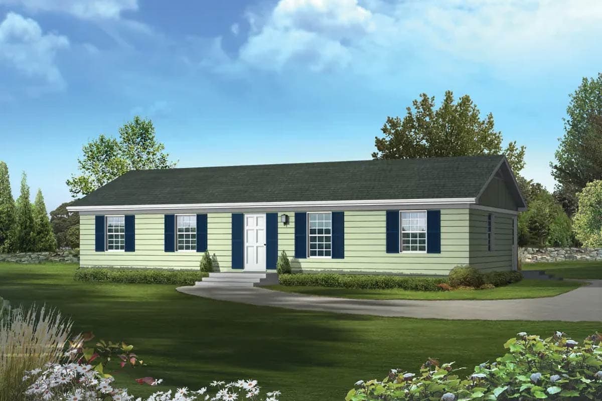 House plan exterior: single-story ranch with central entrance, front-facing gables, and a pitched roof.