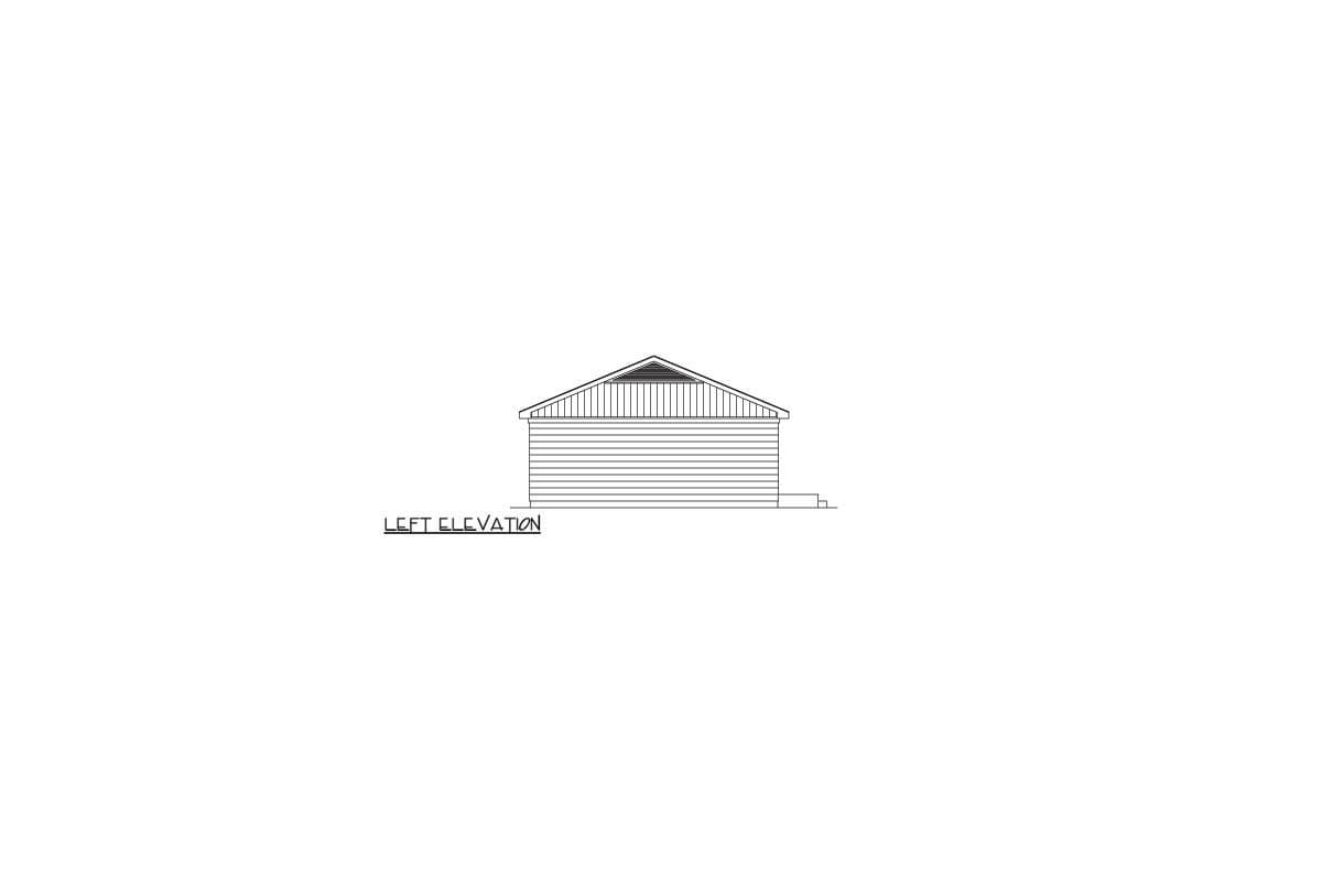 Left elevation of a house plan featuring horizontal siding and a prominent gable vent.