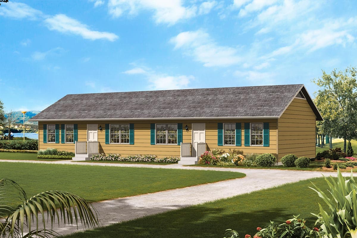House plan exterior: Single-story duplex with hipped roof, symmetrical window placement, and front-facing gables.