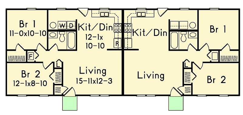 Plan 57337HA: Duplex with Matching 2 Bed Units - 768 Sq Ft Per Unit - Floor Plan - Main Level - Cottage, Country, Ranch, Traditional, Vacation