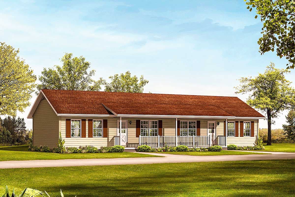 Ranch style house plan exterior with a covered front porch, numerous windows, and gabled roof.