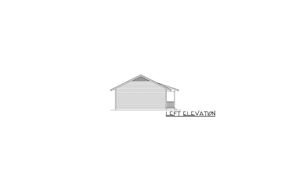 Left elevation drawing of a house plan showing a gable roof, horizontal siding, and a small covered porch.