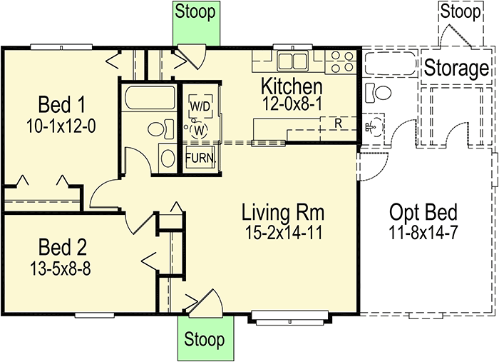 Plan 57339HA: Two Bedroom Tiny House with Options - Floor Plan - Main Level - Cabin, Cottage, Ranch