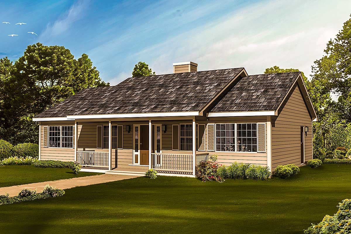 Ranch house plan exterior with a wrap-around porch, gabled rooflines, and numerous grid windows.
