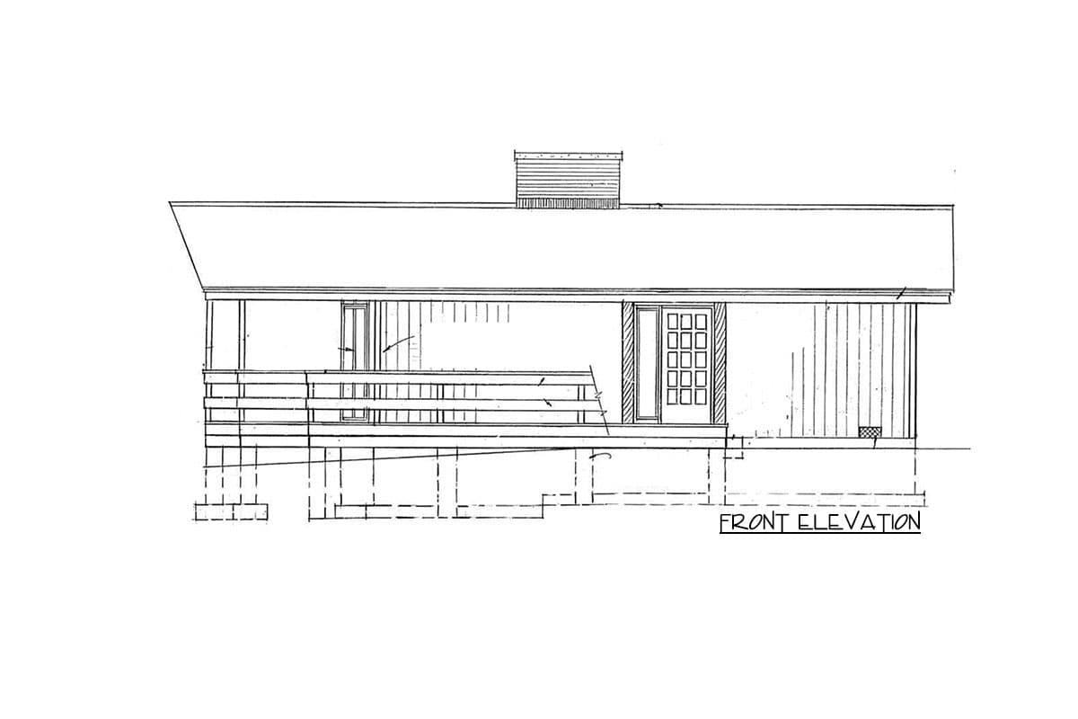 Front elevation drawing of a house plan featuring a wide covered porch, a multi-pane front door, and a single-story structure.