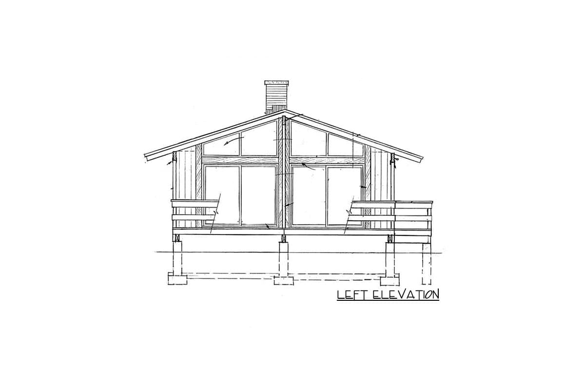 Left elevation drawing of a house with a gabled roof, large windows, chimney, and wraparound deck on piers.