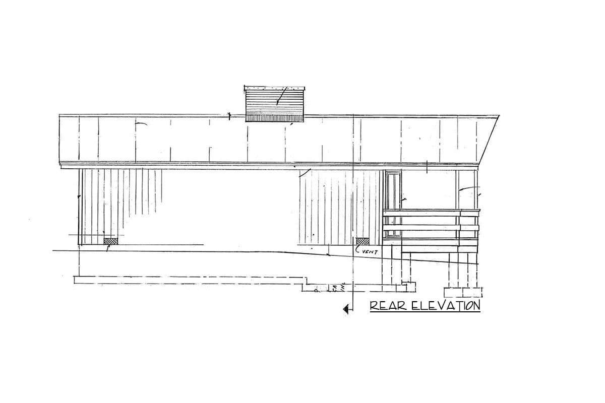 Rear elevation drawing of a house plan featuring a sloped roof, vertical siding, and a covered porch with railing.