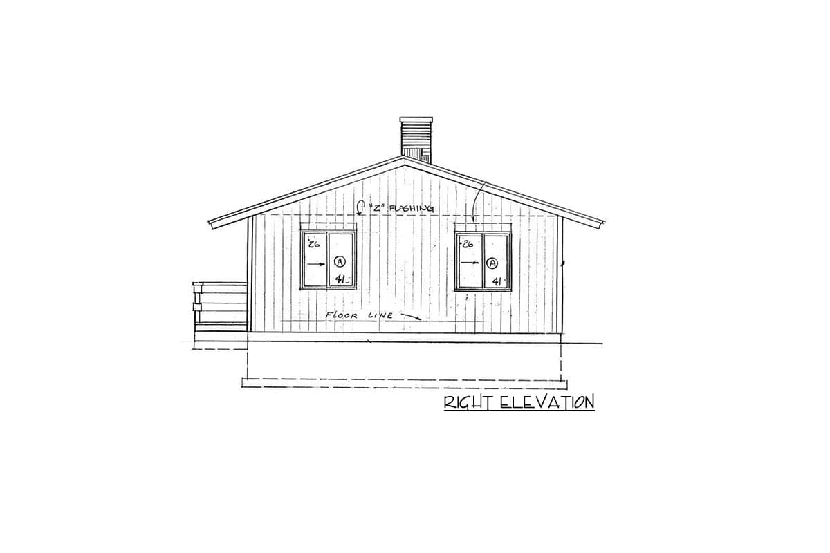 Right elevation drawing of a house plan featuring a gabled roof, chimney, two windows, and a porch railing.