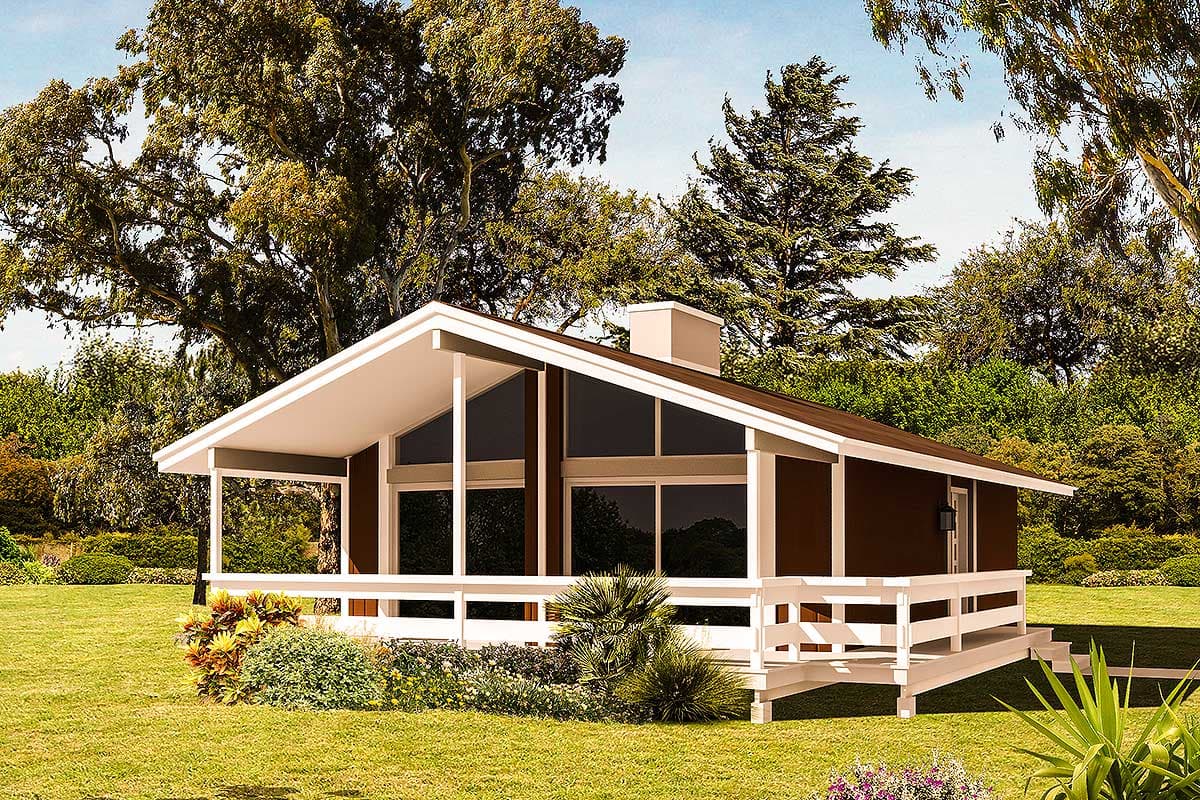 Modern house plan exterior with a prominent A-frame roof, wraparound deck, and large glass windows.