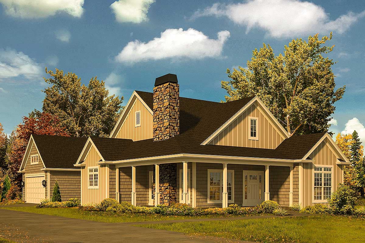 House plan exterior with gabled roofs, stone chimney, wraparound porch, and attached garage.
