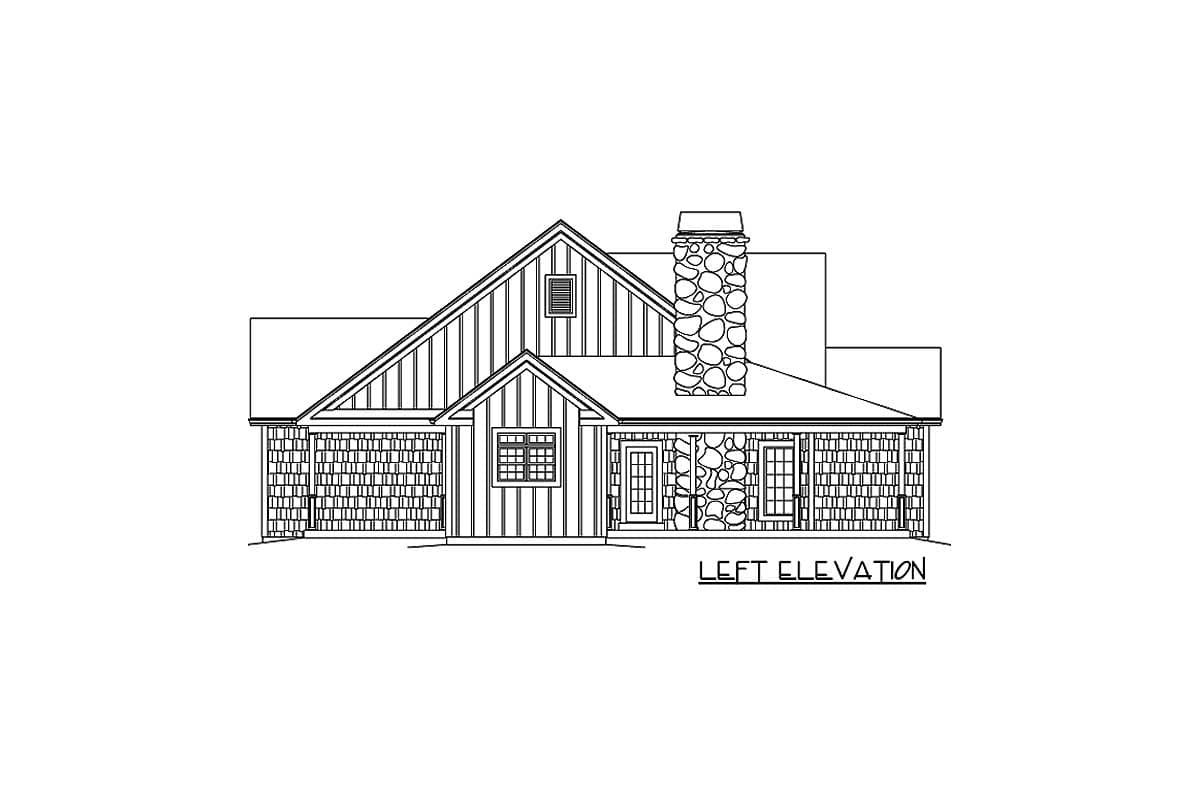 House plan left elevation shows a 1.5 story home with stone chimney, gabled dormer, and covered porch with double doors.