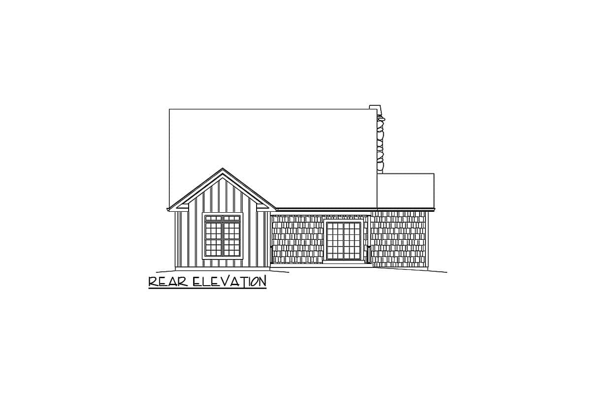 Rear elevation house plan showing a gable end with a multi-pane window and a shingled section with French doors.