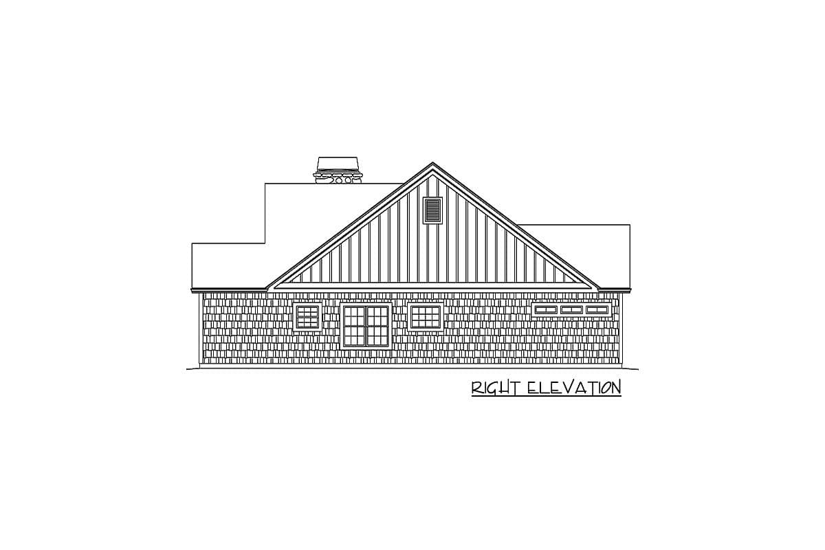 Right elevation of a house plan showing a gambrel roof, shingle siding, gable vent, and various windows.