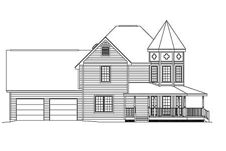 House plan exterior: Two-story home with attached three-car garage, wraparound porch, and turret.