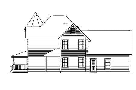 House plan exterior drawing showing a two-story home with a covered porch, multiple gables, and a dormer.