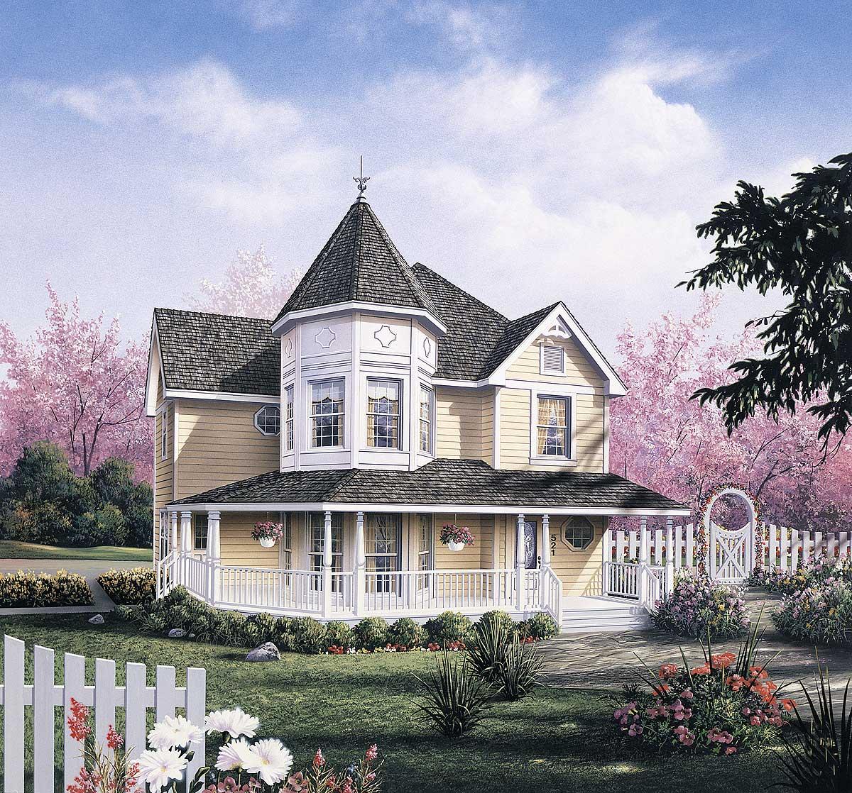 House plan exterior: Two-story home with a wraparound porch, prominent turret, bay window, and decorative gables.