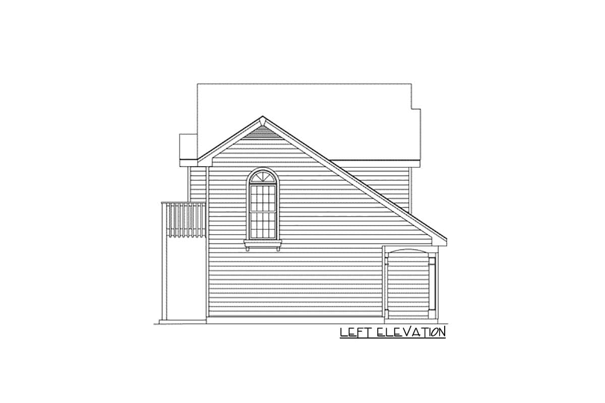 Left elevation house plan showing siding, arched window, covered porch, and balcony.
