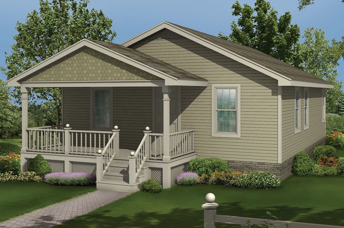 House plan exterior: One-story home with a covered front porch, prominent gable with scalloped shingles, and double-hung windows.
