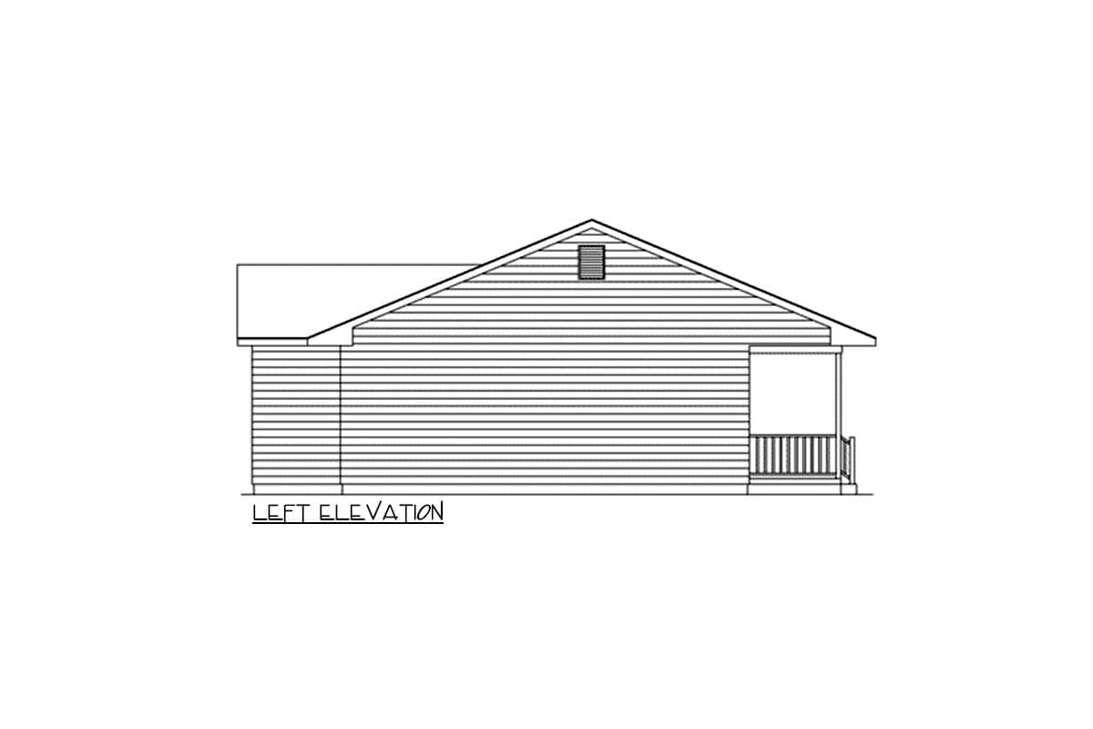 Left elevation drawing of a single-story house with horizontal siding, a gable end vent, and a front-facing covered porch with railings.