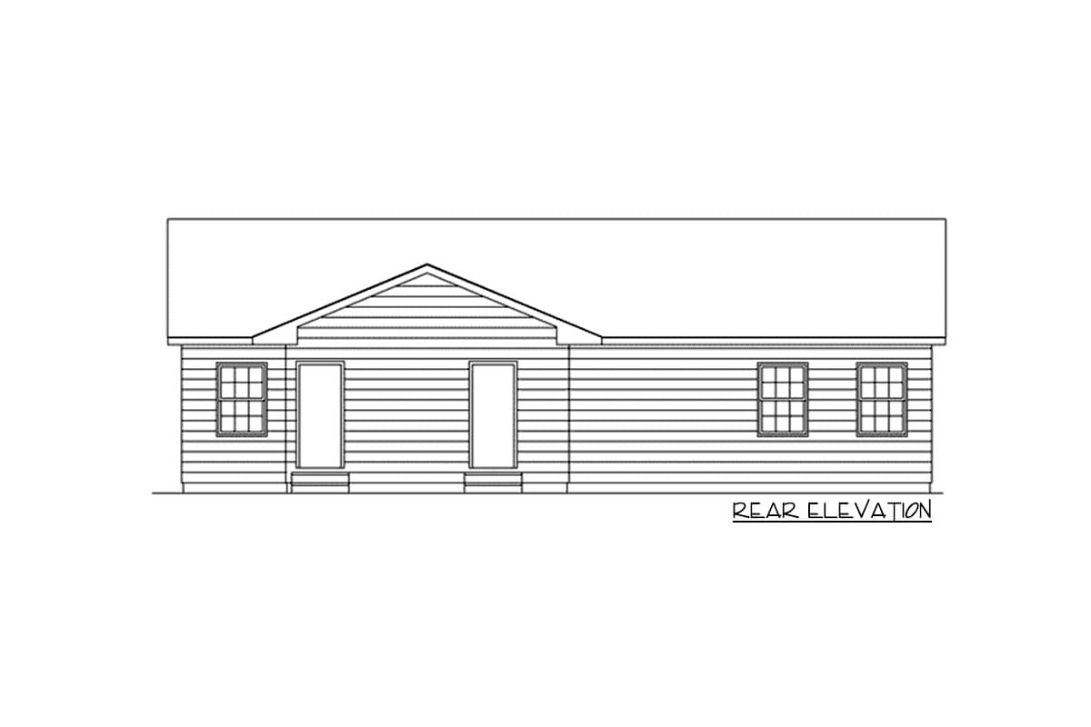 Rear elevation drawing of a single-story house with two doors, a prominent gable, and three windows.