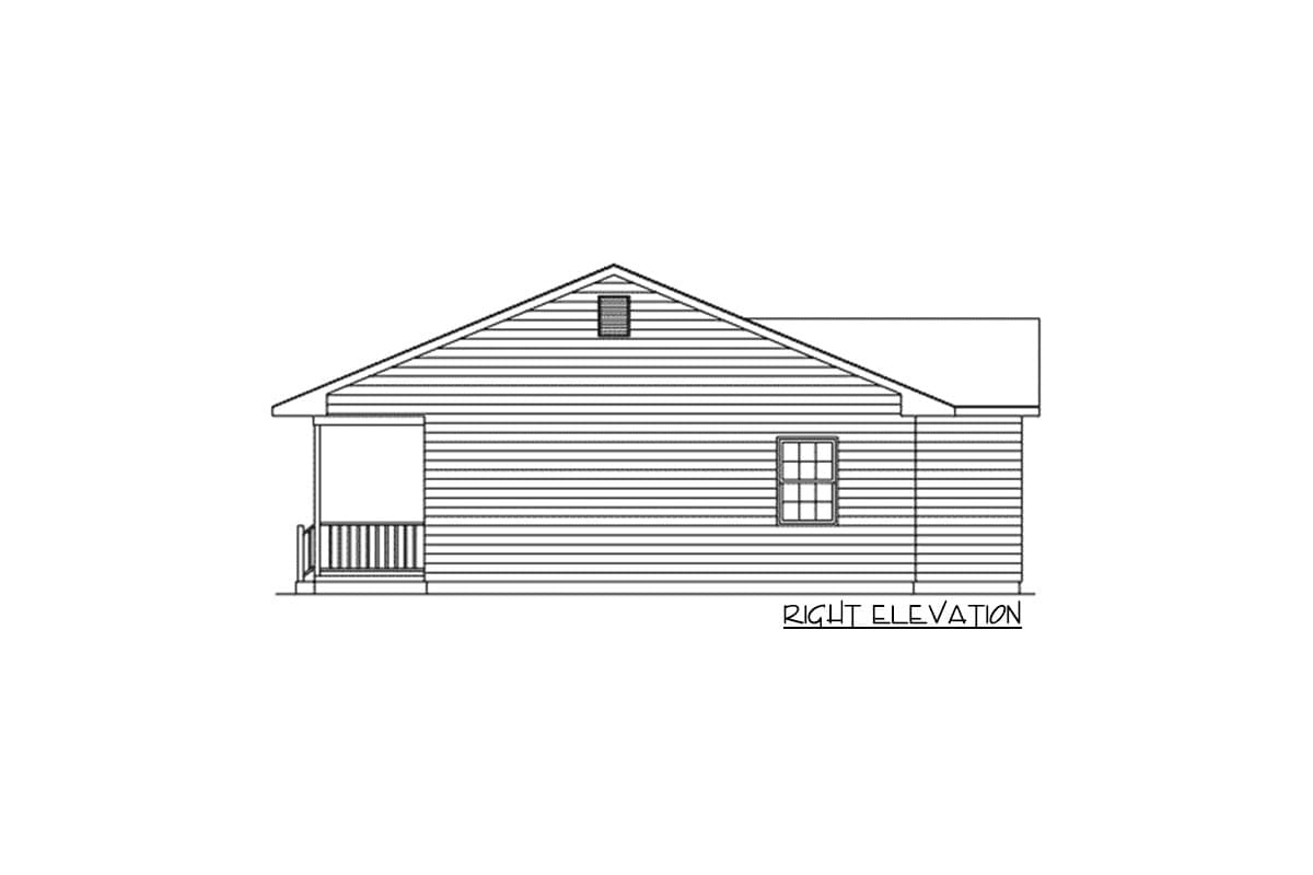 Right elevation house plan showing a single-story home with a gabled roof, front porch, and one window.