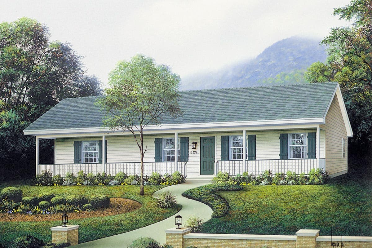 House plan exterior: Single-story ranch with a full-width covered porch, gable roof, and white railing.