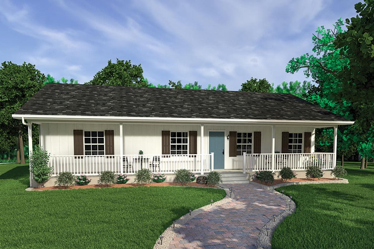 House plan exterior: Single-story home with a wraparound porch, white railings, and dark shutters. Features a central blue door.