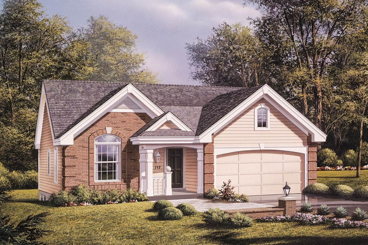 House plan exterior: One-story home with brick and siding, prominent gables, covered entry, and attached garage.