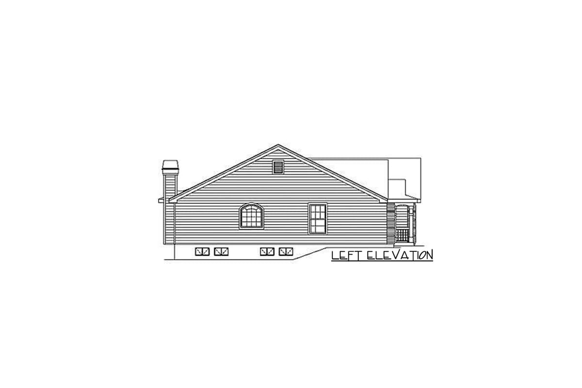 Left elevation drawing of a one-story house plan with gabled roof, chimney, and various window types.
