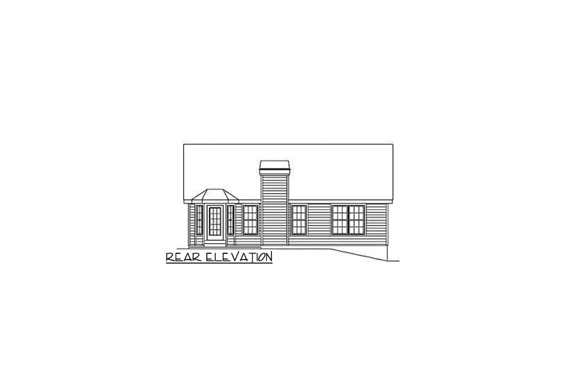 Rear elevation drawing of a house plan showing a double-door entrance, windows, and a chimney.